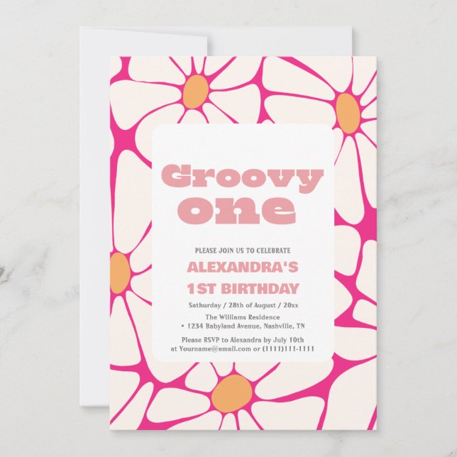 Groovy one 1st Birthday pink and orange Invitation (Front)
