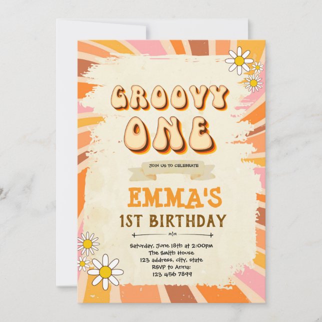 Groovy ONE birthday invitation (Front)
