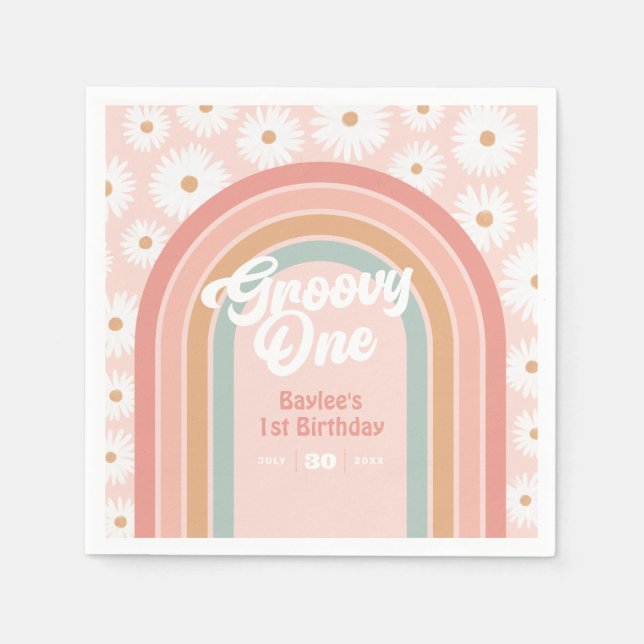 Groovy One Boho Retro Daisy 1st Birthday Party Napkin (Front)