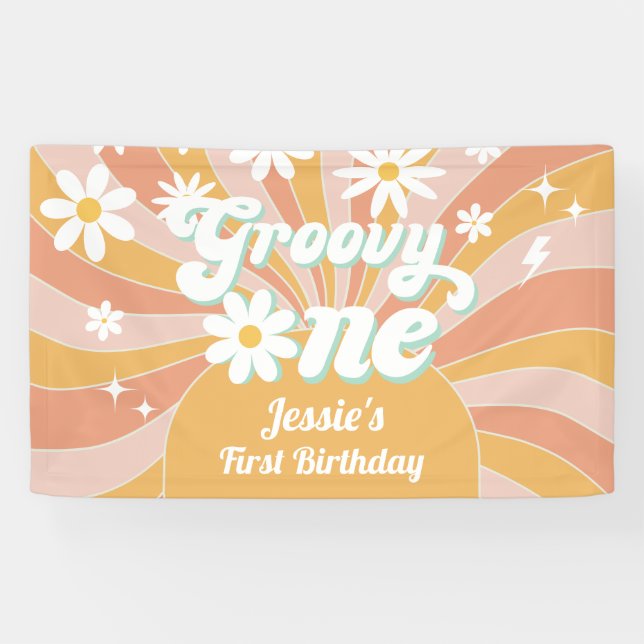 Groovy One Boho Retro Daisy Sunshine 1st Birthday Banner (Horizontal)