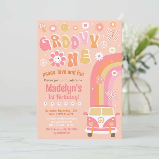 Groovy One Boho Retro First Birthday Invitations (Standing Front)