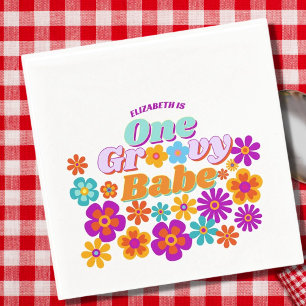 Groovy One Colourful Retro Floral Birthday Napkin