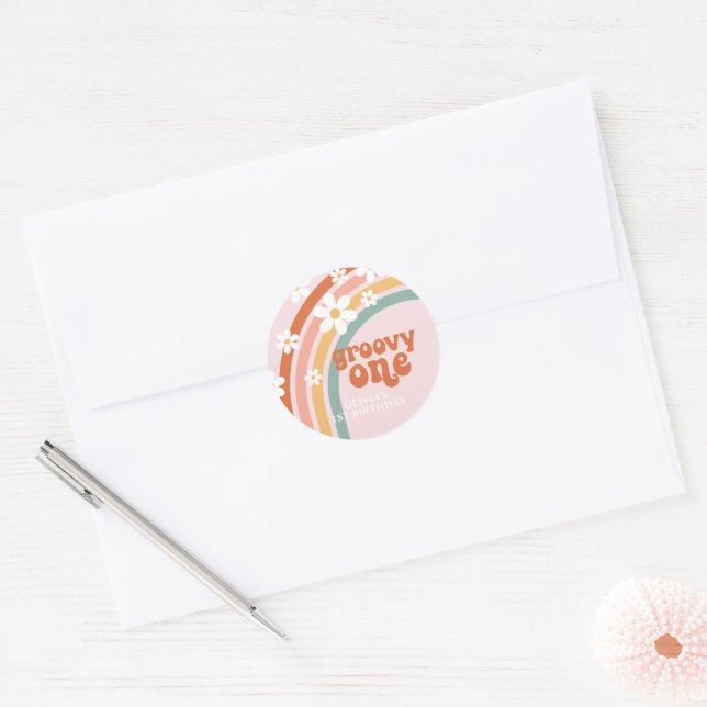 Groovy One daisy boho floral rainbow 1st birthday  Classic Round Sticker (Envelope)