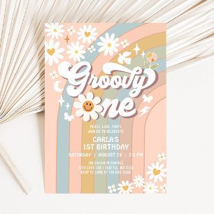 Groovy ONE Daisy Hippie 70's Retro 1st Birthday Invitation