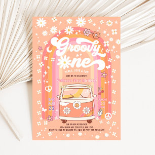 Groovy ONE Daisy Peach Rainbow 1st Birthday Invitation