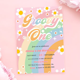 Groovy One Daisy Rainbow 1st Birthday Party Invitation