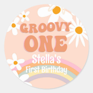 Groovy One Daisy Retro Rainbow Classic Round Sticker