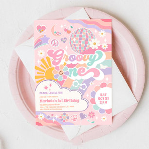 Groovy One Disco Rainbow Sun 1st Birthday  Invitation
