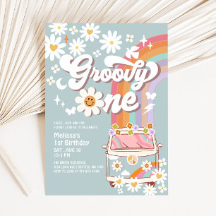 Groovy ONE Dusty Blue Daisy Hippie 1st Birthday Invitation