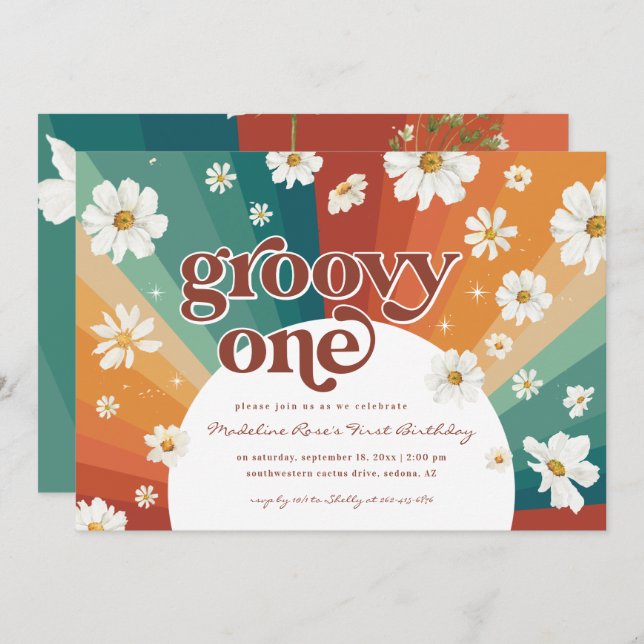Groovy One First Birthday | Retro Daisy Rainbow Invitation (Front/Back)