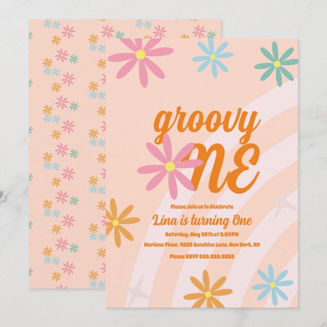Groovy One Floral First Birthday Retro Party Invitation (Front/Back)