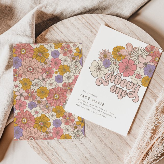 Groovy One - Floral Retro Girl 1st Birthday  Invitation (Creator Uploaded)