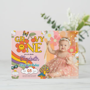 Groovy One Flower Birthday Photo Invitation