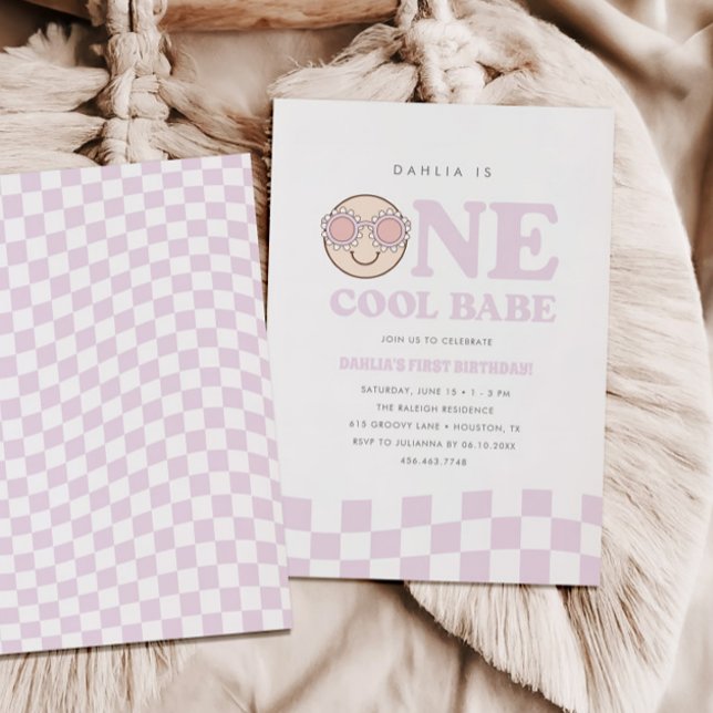 Groovy One Girls Chequered Happy Face 1st Birthday Invitation (Creator Uploaded)