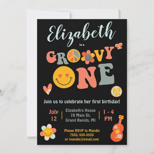 Groovy One, Hippie, Flowers First Birthday Party Invitation (Front)