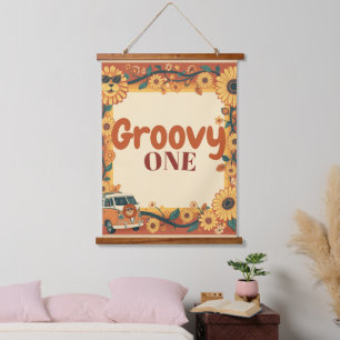 Groovy One Lion Birthday Retro 70s First Birthday  Hanging Tapestry