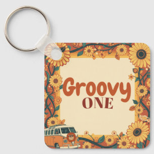 Groovy One Lion Birthday Retro 70s First Birthday  Key Ring