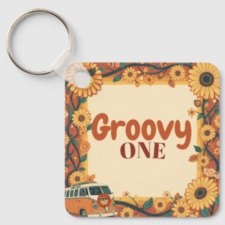 Groovy One Lion Birthday Retro 70s First Birthday Key Ring