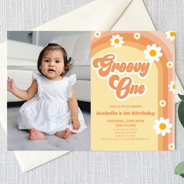 Groovy One Orange Retro Daisy 1st Birthday Party Invitation (Creator Uploaded)