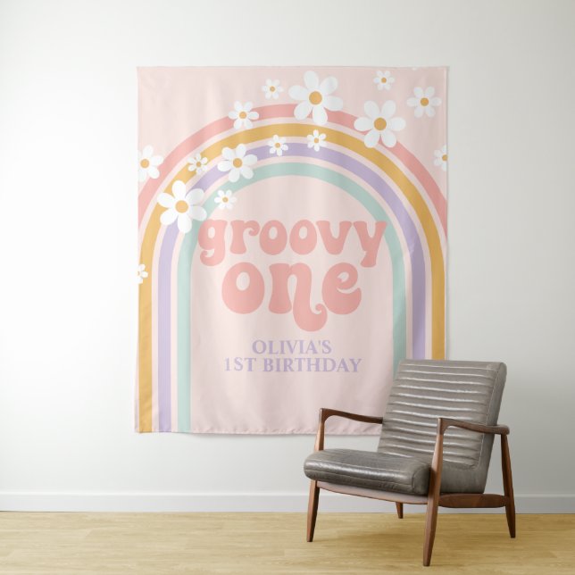 Groovy One Pastel rainbow 1st birthday Banner Tapestry (In Situ)
