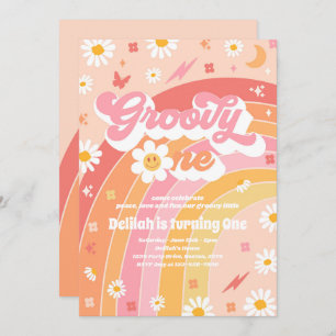Groovy One Peace Love Party Rainbow Birthday Party Invitation