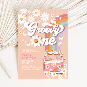 Groovy ONE Pink Daisy Rainbow Hippie 1st Birthday Invitation
