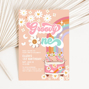 Groovy ONE Pink Daisy Rainbow Van 1st Birthday Invitation