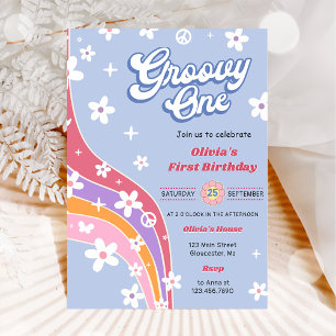 Groovy One Rainbow Floral 1st Birthday Party  Invitation