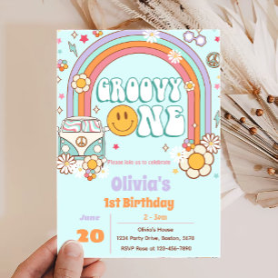 Groovy One Rainbow Flower 1st Birthday Invitation