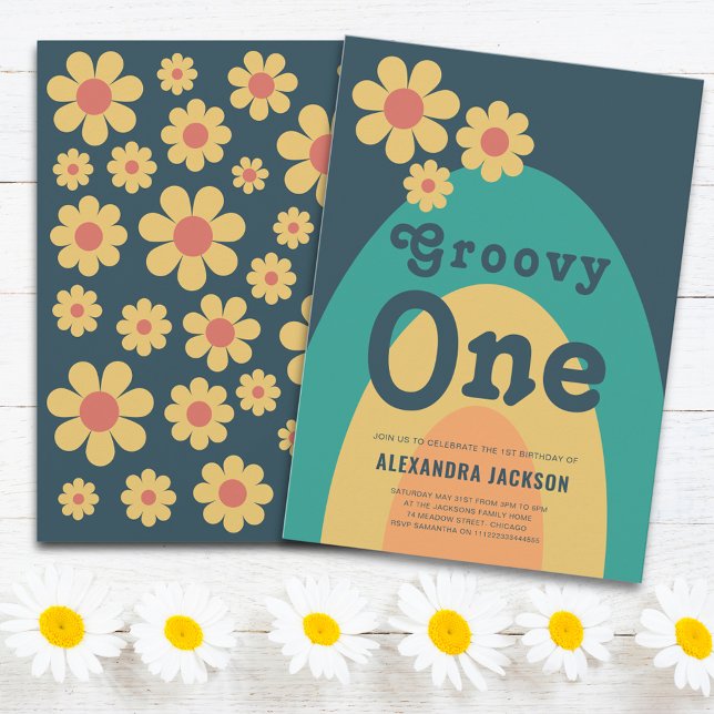 Groovy One Retro Boho 1st Birthday Party Invitation (Groovy one daisy arch 1st birthday party invitation)