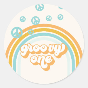 Groovy One Retro Boy 1st Birthday Paper Plates Classic Round Sticker