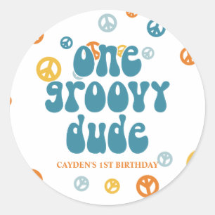Groovy One Retro Boy birthday Paper Plates Classic Round Sticker