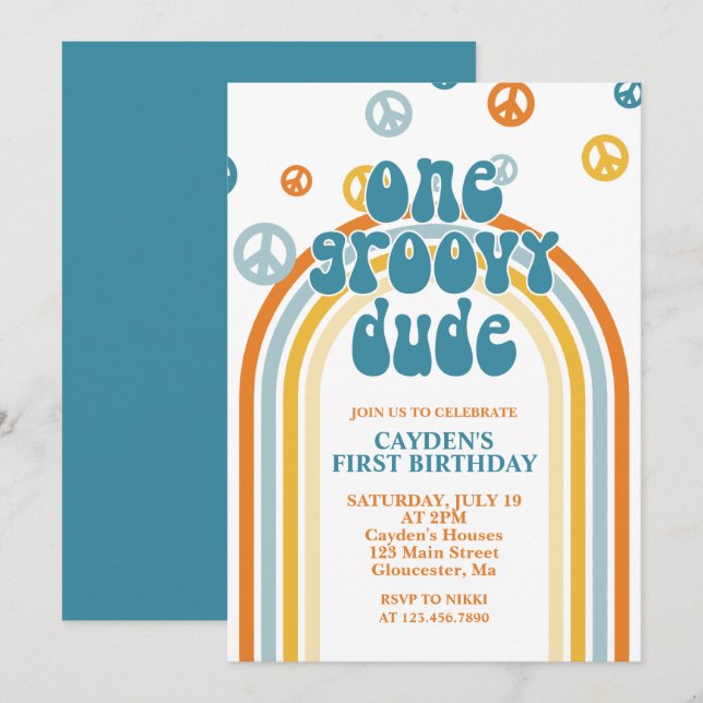 Groovy One Retro Boy First Birthday Invitation (Front/Back)