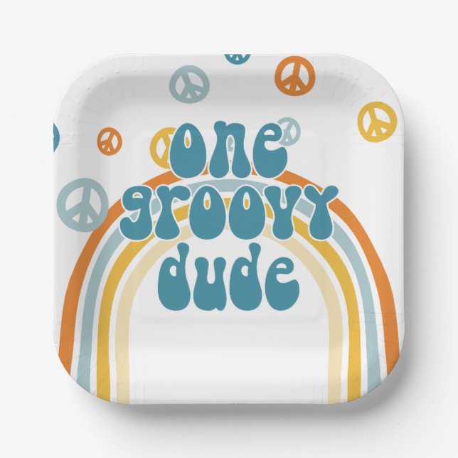 Groovy One Retro Boy First Birthday Paper Plate (Front)