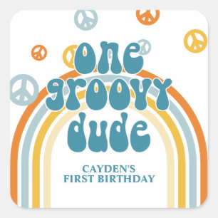 Groovy One Retro Boy First Birthday Square Sticker