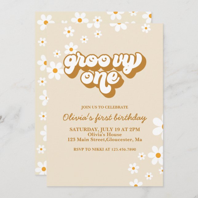 Groovy One Retro Daisy 1st Birthday Invitation (Front/Back)