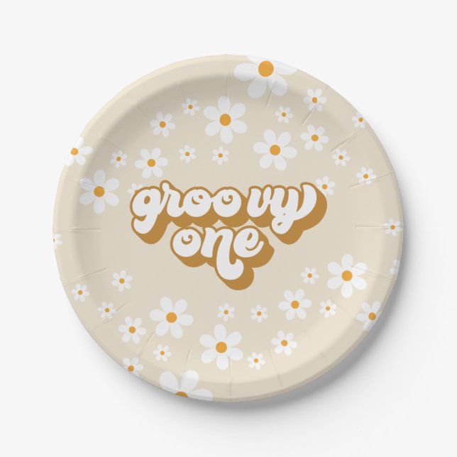 Groovy One Retro Daisy 1st Birthday Paper Plate (Front)