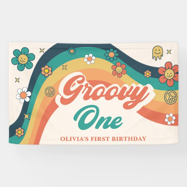 Groovy One Retro Daisy Birthday Party Banner (Horizontal)