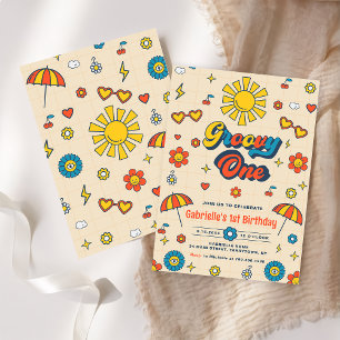 Groovy One Retro Daisy Birthday Party Invitation