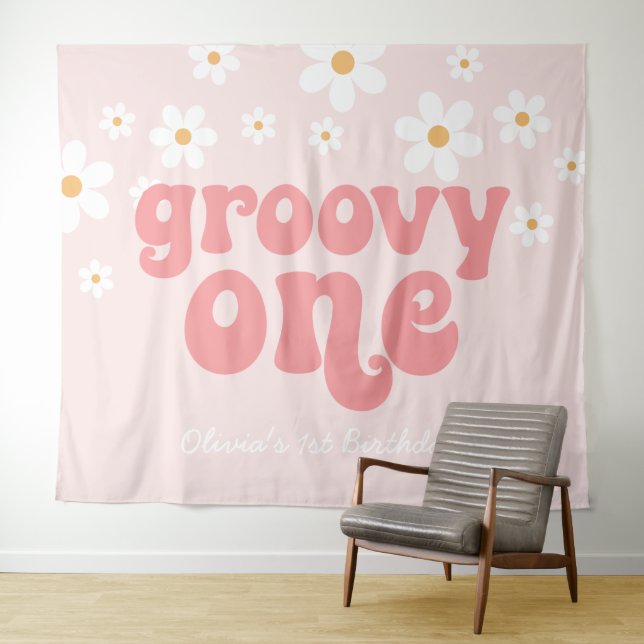 Groovy One Retro Daisy Pink 1st Birthday Banner Tapestry (In Situ (Horizontal))
