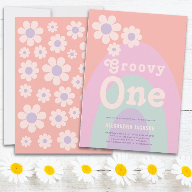 Groovy One Retro Daisy Rainbow 1st Birthday Party Invitation (Groovy one daisy arch pastel 1st birthday party invitation )