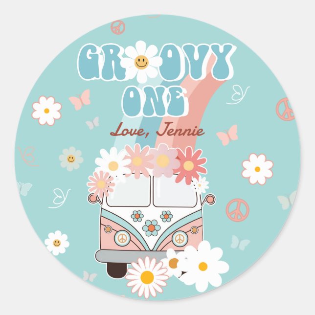 Groovy One Retro Daisy Rainbow First Birthday Classic Round Sticker (Front)