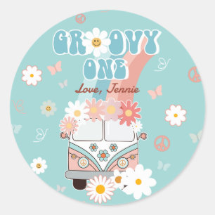 Groovy One Retro Daisy Rainbow First Birthday Classic Round Sticker