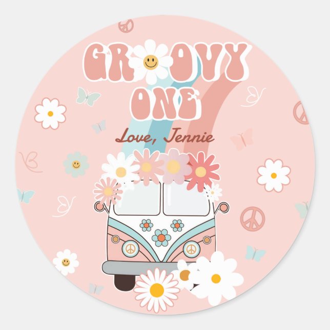 Groovy One Retro Daisy Rainbow First Birthday Classic Round Sticker (Front)