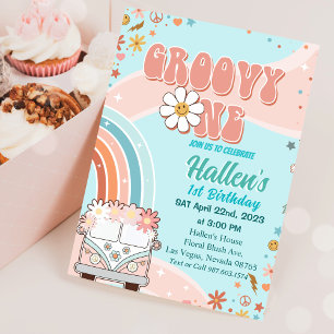 Groovy One Retro Daisy Rainbow First Birthday Invitation