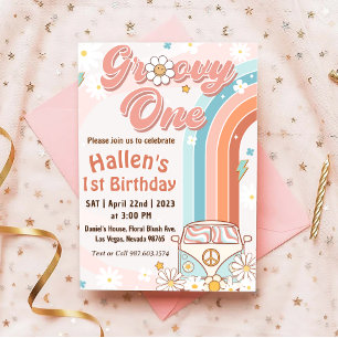 Groovy One Retro Daisy Rainbow First Birthday Invitation