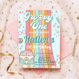 Groovy One Retro Daisy Rainbow First Birthday Invitation