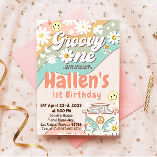 Groovy One Retro Daisy Rainbow First Birthday  Invitation