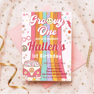 Groovy One Retro Daisy Rainbow First Birthday Invitation