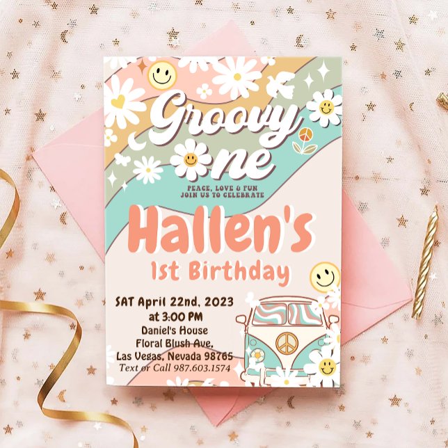 Groovy One Retro Daisy Rainbow First Birthday  Invitation (Creator Uploaded)